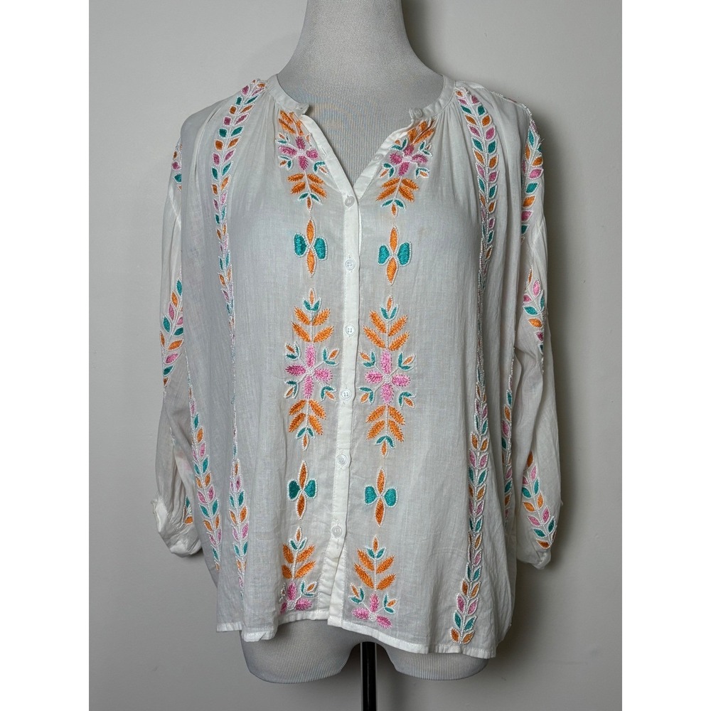 ANTIK BATIK Beaded Tunic Top Small Sheer Cotton Artsy Boho Peasant Festival